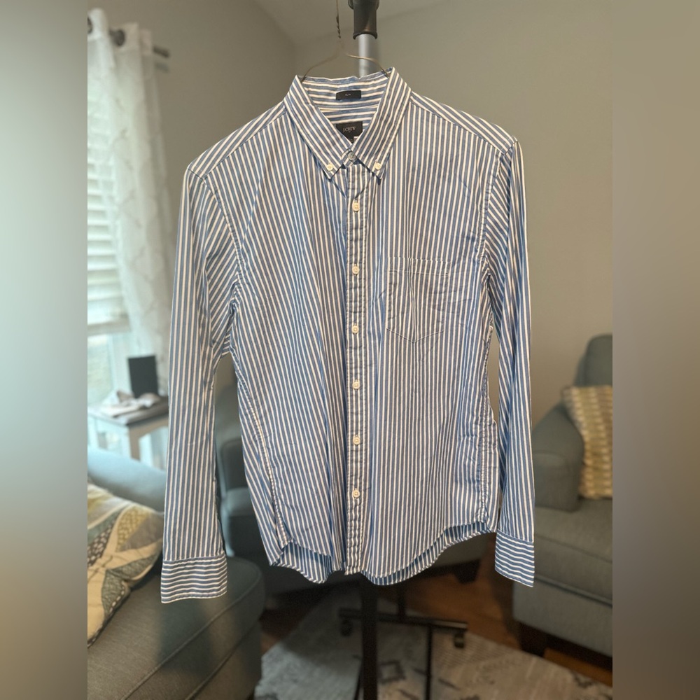 J. Crew Men's Striped Blue and White Dress Shirt